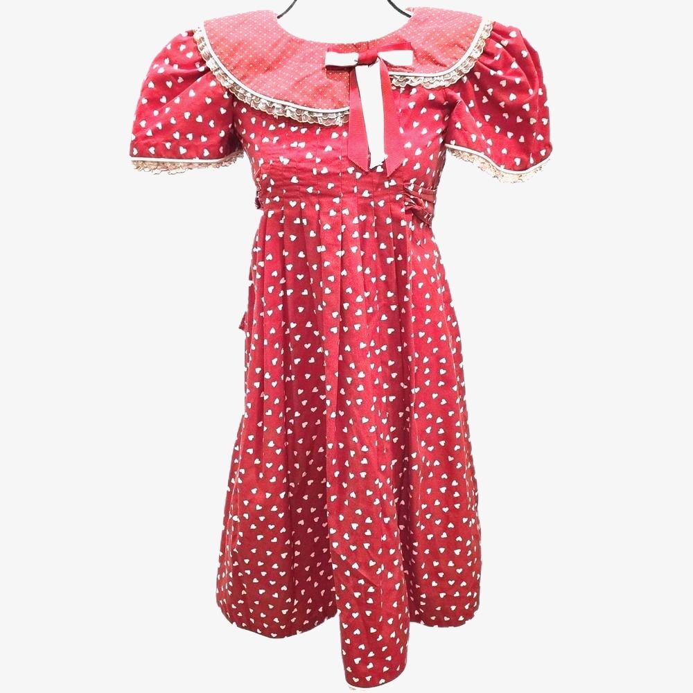 VTG 70s 80s Handmade Heart Print Prairie Dress XS Cottagecore Lace Puff Sleeve